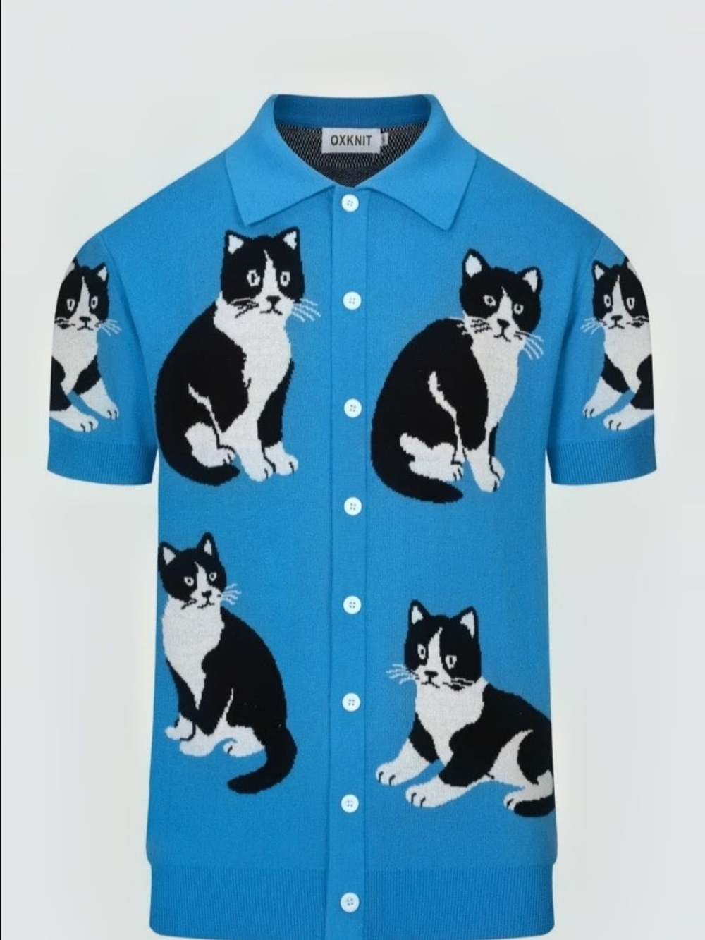 OXKNIT NEW NEVER WORN Blue Cat Print Short-Sleeve Polo for Cats Lovers Lmtd Edtn
